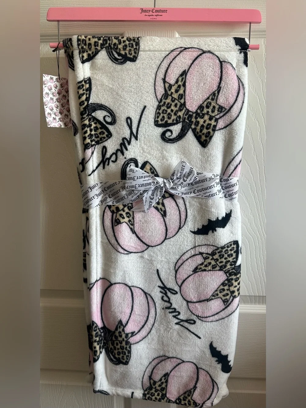 Juicy Couture Pink & White Plush Pumpkin Throw with Leopard Bow Accents